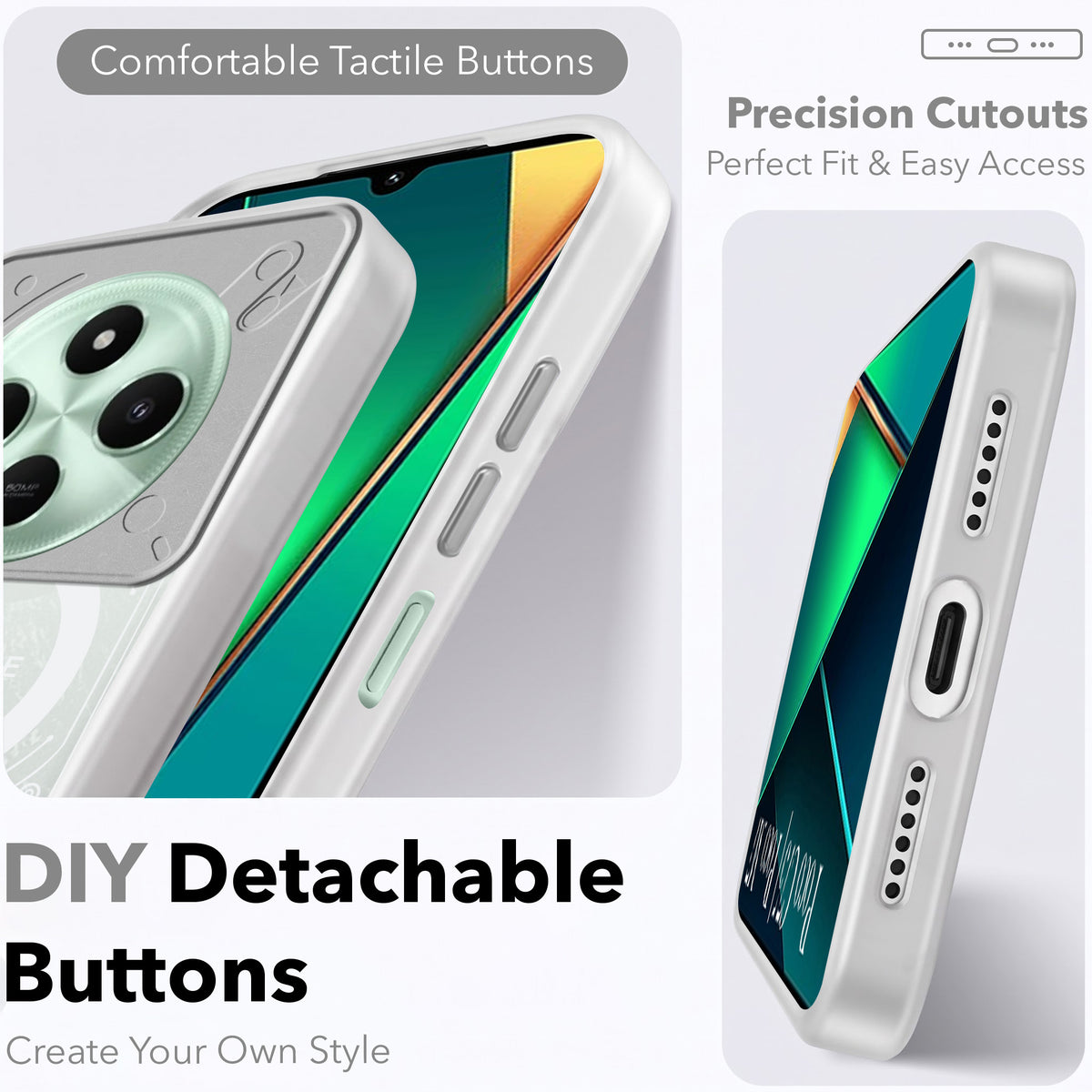 For Poco C75 | Poco M7 Metallic Back Cover Case (Metallic Camera Protection & Buttons | Translucent Milky Shade | Hard Polycarbonate)