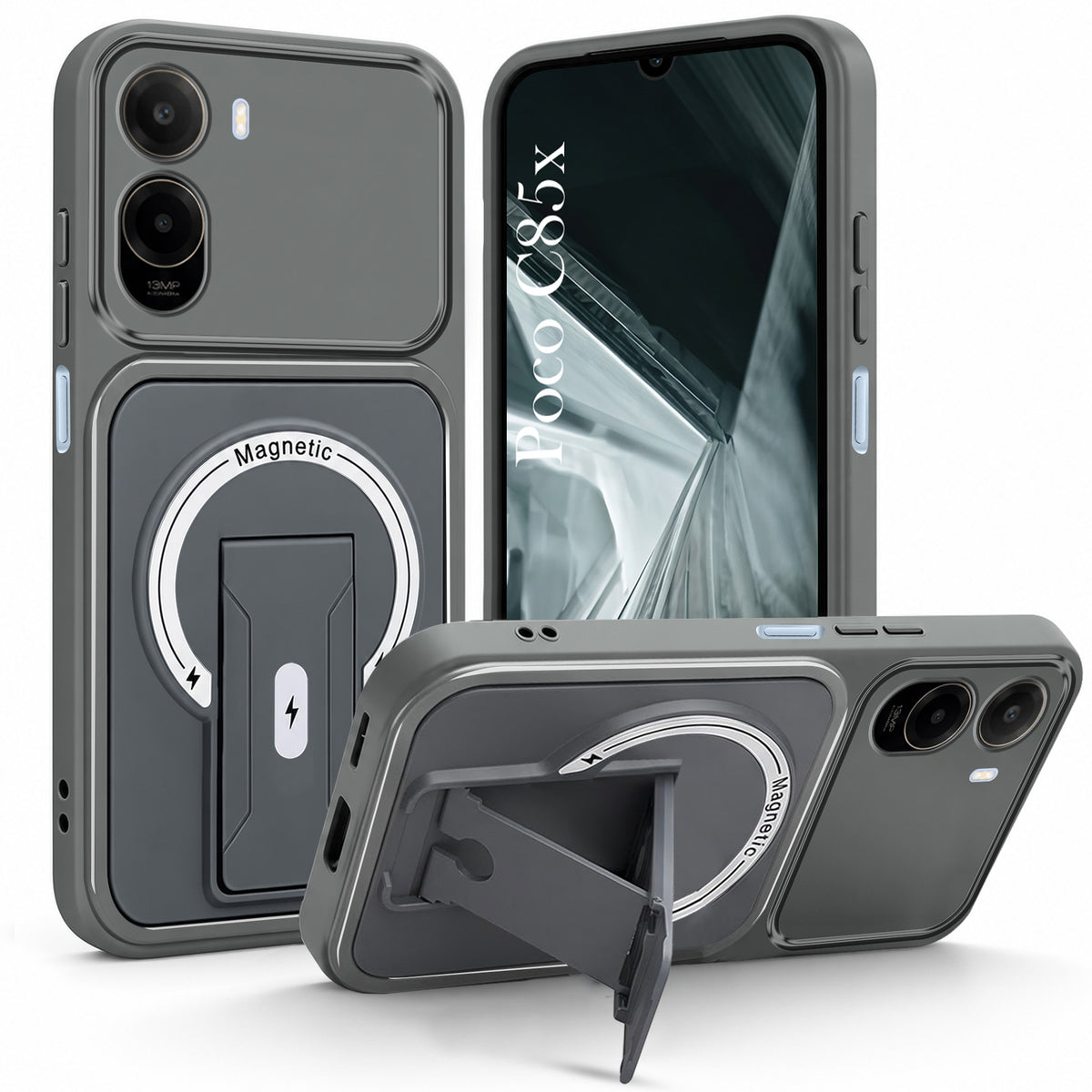 For Poco C85x 5G Back Case Cover Metallic (Hybrid Armor Kickstand | MagSafe Compatible | Camera Protection Shockproof)