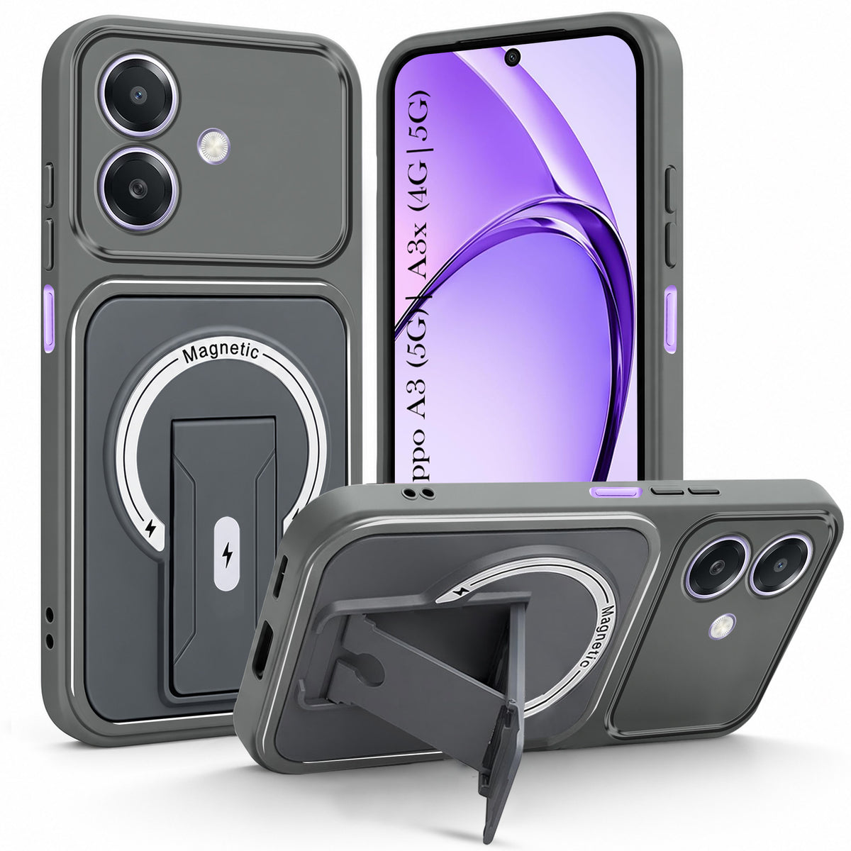 For Oppo A3X (4G/5G) | Oppo A3 5G Back Case Cover Metallic (Hybrid Armor Kickstand | MagSafe Compatible | Camera Protection Shockproof)