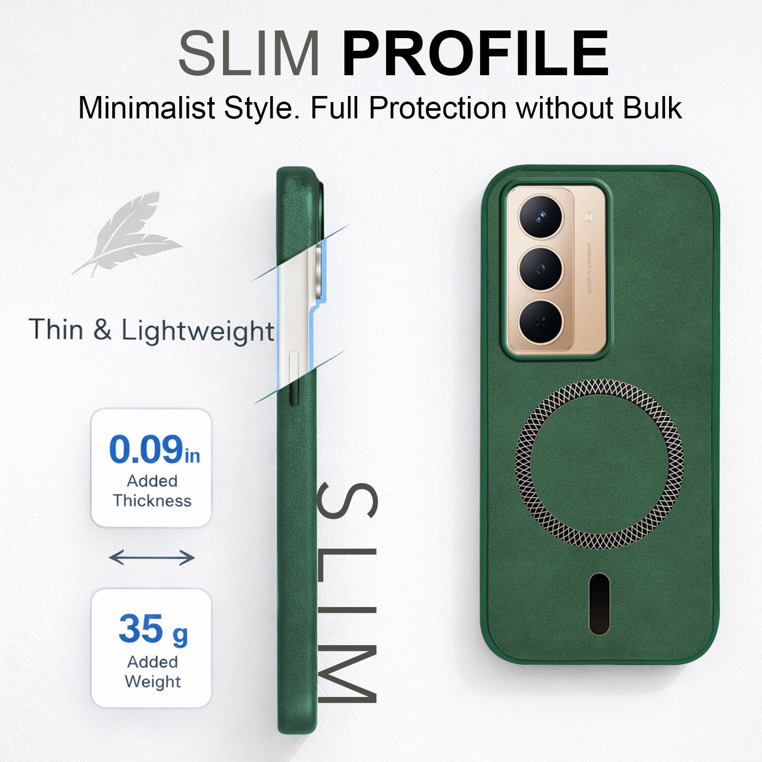 For Realme P3x Back Cover Case Leather Finish (MagSafe Compatible Wireless Charging | Soft Touch | Camera Bump Protection)