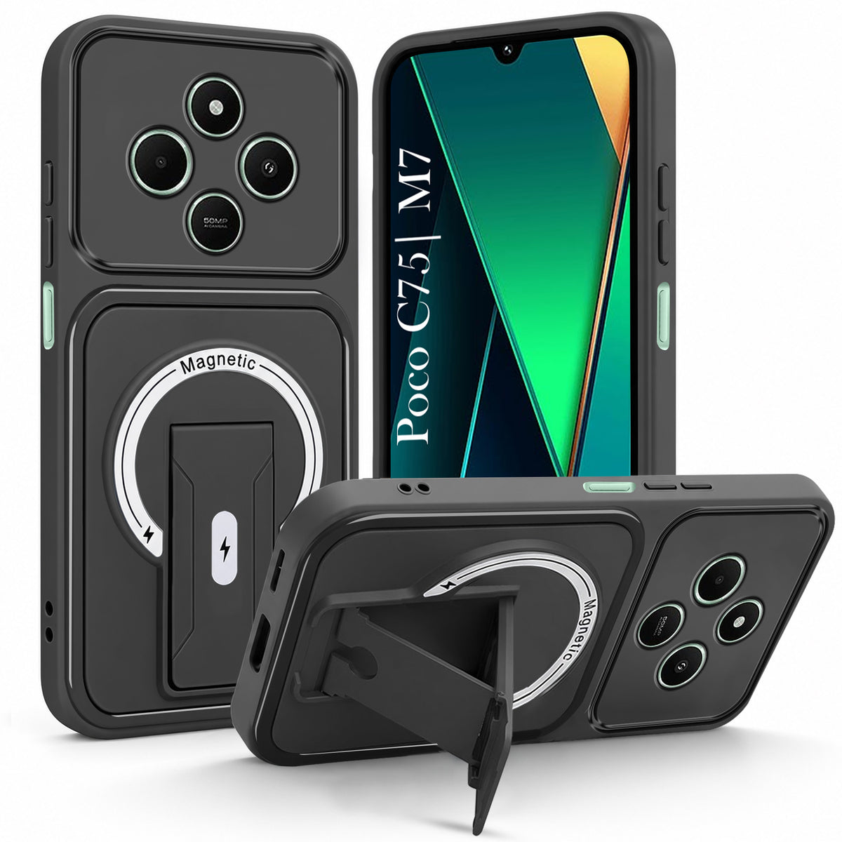 For Poco C75 | Poco M7 Back Case Cover Metallic (Hybrid Armor Kickstand | MagSafe Compatible | Camera Protection Shockproof)