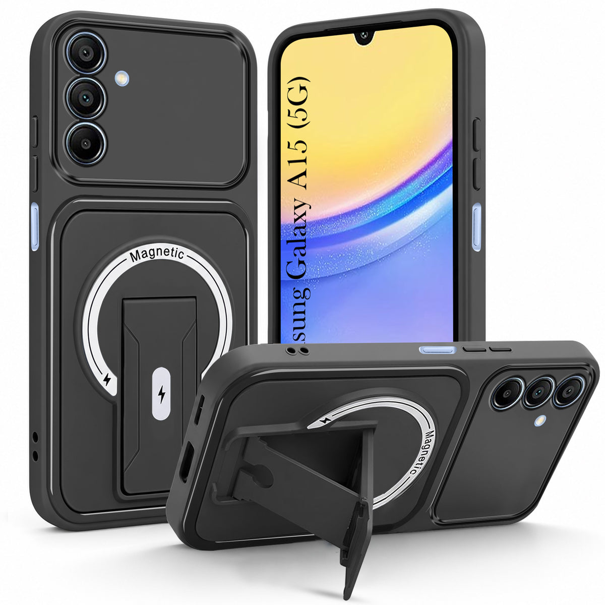 For Samsung Galaxy A15 5G Back Case Cover Metallic (Hybrid Armor Kickstand | MagSafe Compatible | Camera Protection Shockproof)
