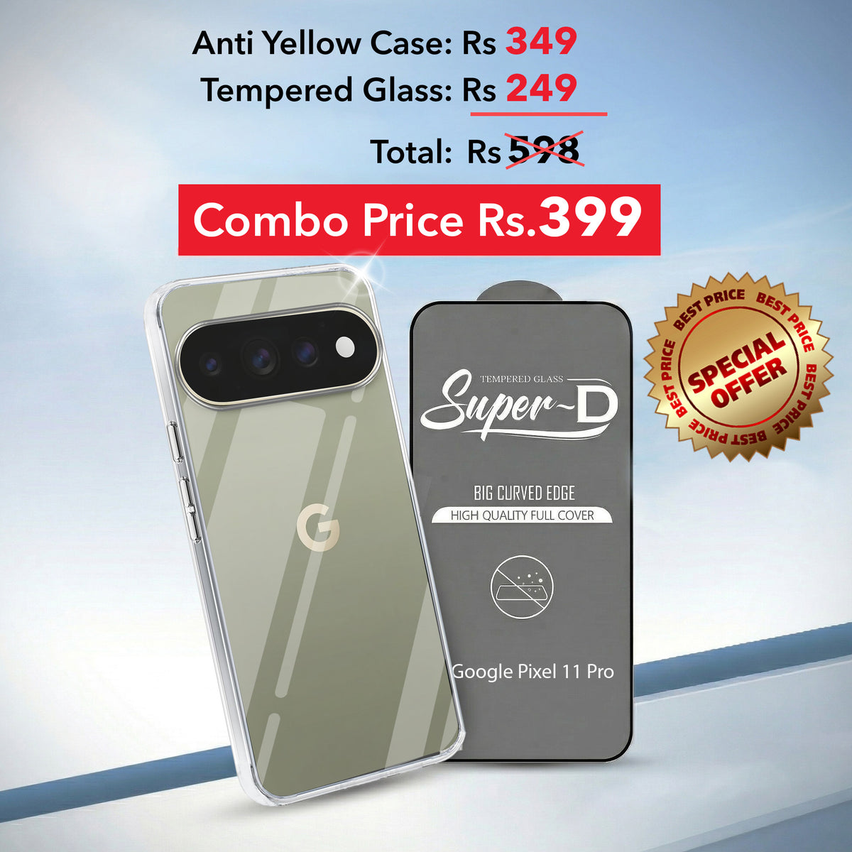 For Google Pixel 11 Pro Combo with Back Cover and 9H Tempered Glass (Lifetime Anti-Yellow | Sleek Hard Crystal | Oleophobic Coating Screen Glass)