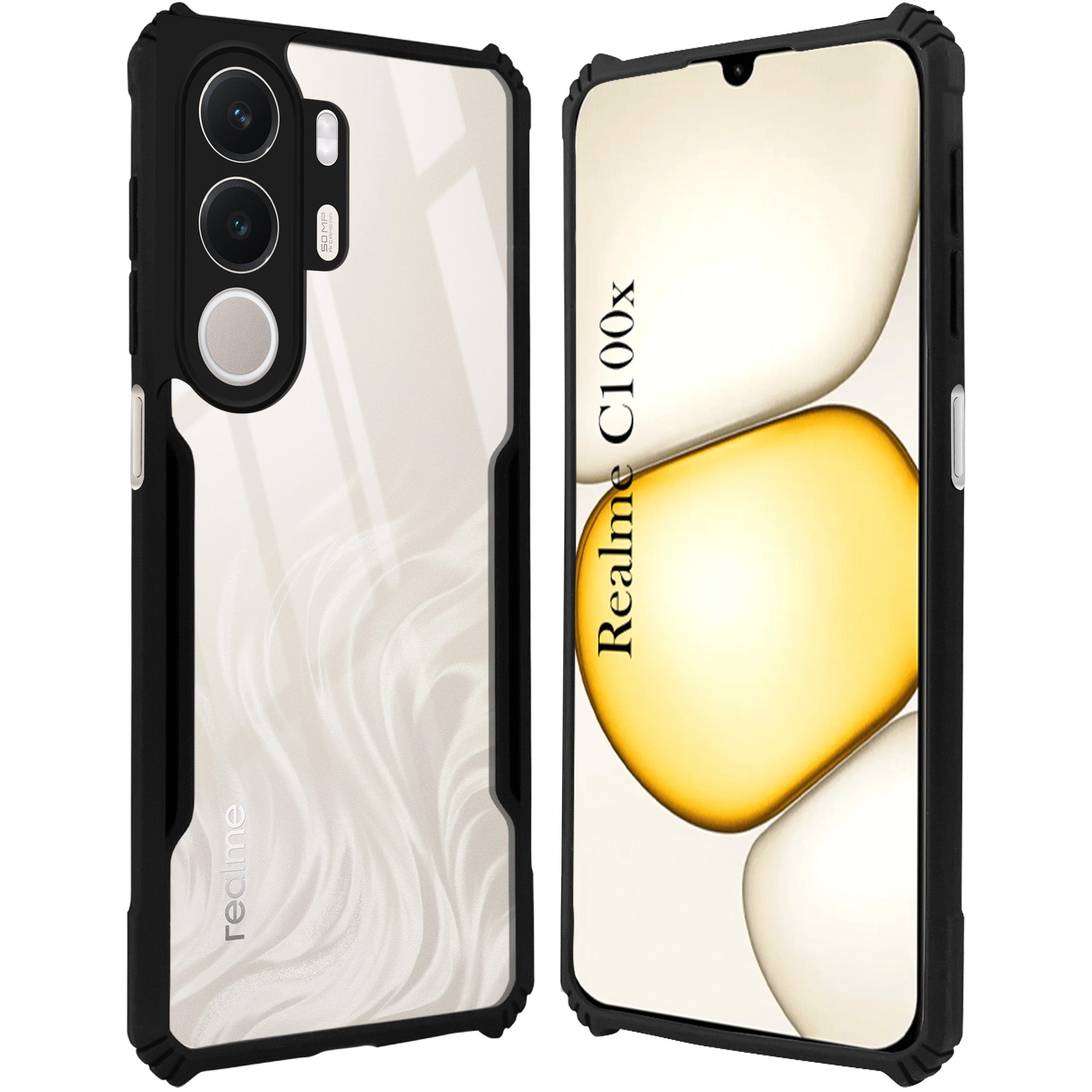 For Realme C100X Back Cover Case Hybrid (Shockproof with Polycarbonate Clear Panel | Professional Black)