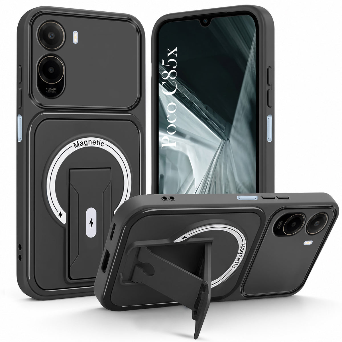 For Poco C85x 5G Back Case Cover Metallic (Hybrid Armor Kickstand | MagSafe Compatible | Camera Protection Shockproof)
