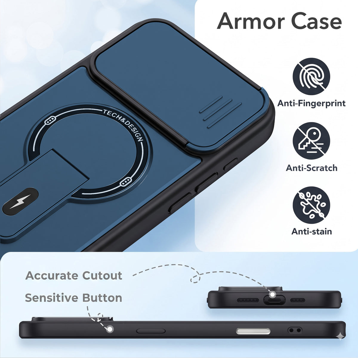 For Apple iPhone 17 Back Case Cover Metallic (Hybrid Armor Kickstand | Sliding Shutter Camera Protection | MagSafe Compatible)