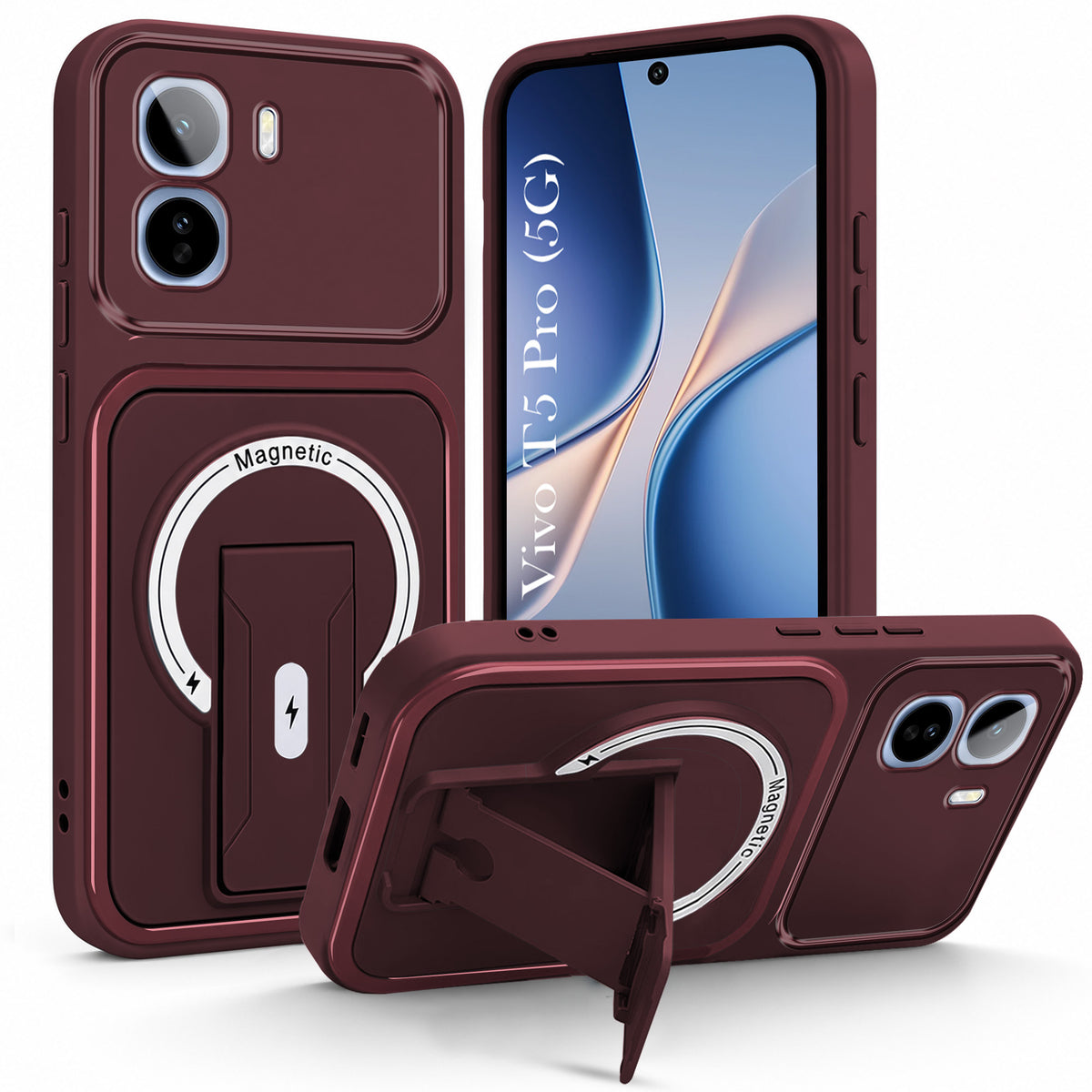 For Vivo T5 Pro 5G Back Case Cover Metallic (Hybrid Armor Kickstand | MagSafe Compatible | Camera Protection Shockproof)