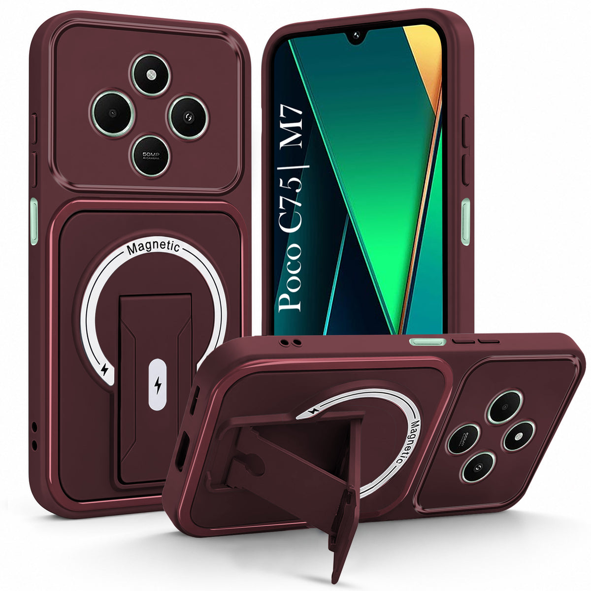 For Poco C75 | Poco M7 Back Case Cover Metallic (Hybrid Armor Kickstand | MagSafe Compatible | Camera Protection Shockproof)