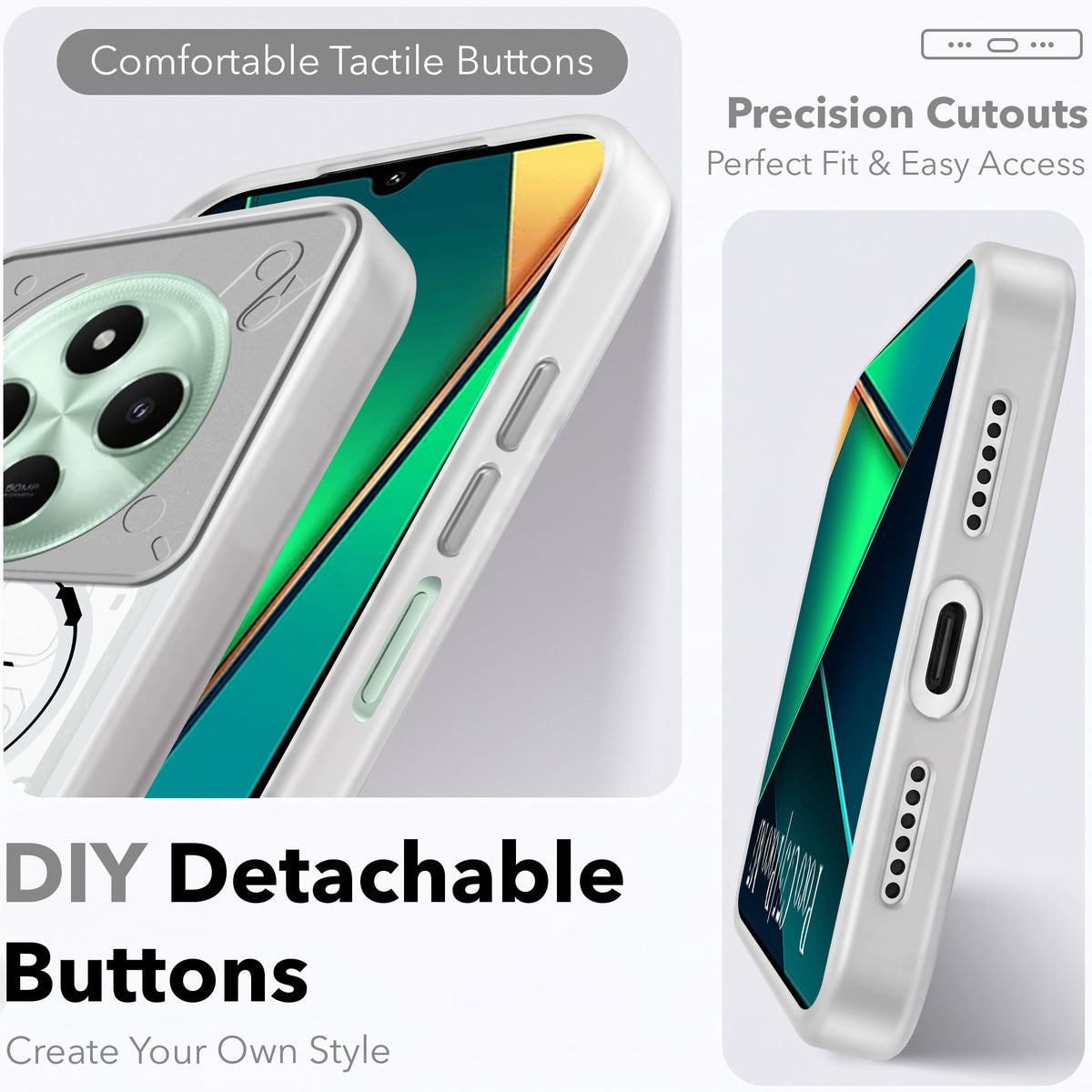 For Poco C75 | Poco M7 Metallic Back Cover Case (Metallic Camera Protection & Buttons | Translucent Milky Shade | Hard Polycarbonate)