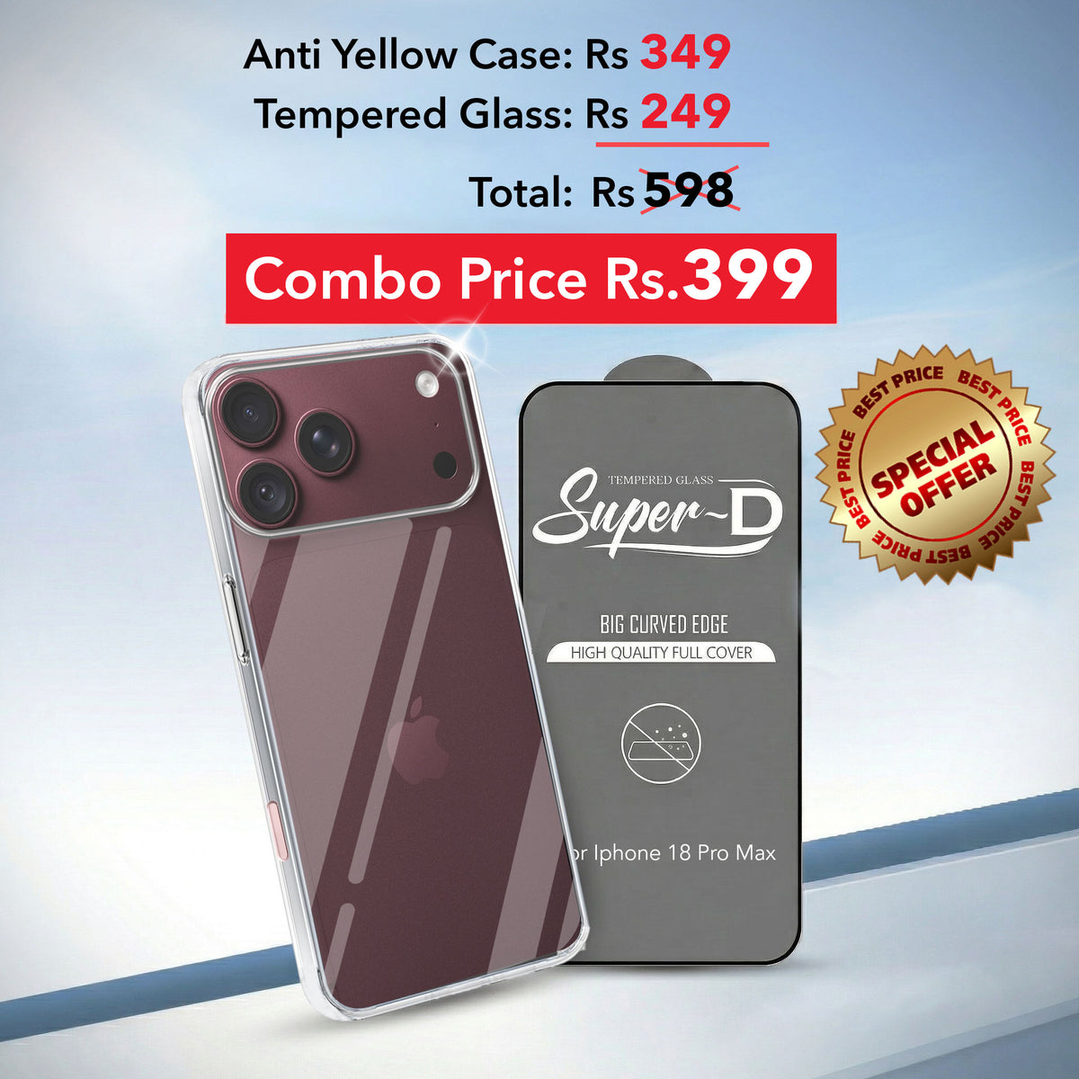 For Apple iPhone 18 Pro Max Combo with Back Cover and 9H Tempered Glass (Lifetime Anti-Yellow | Sleek Hard Crystal | Oleophobic Coating Screen Glass)