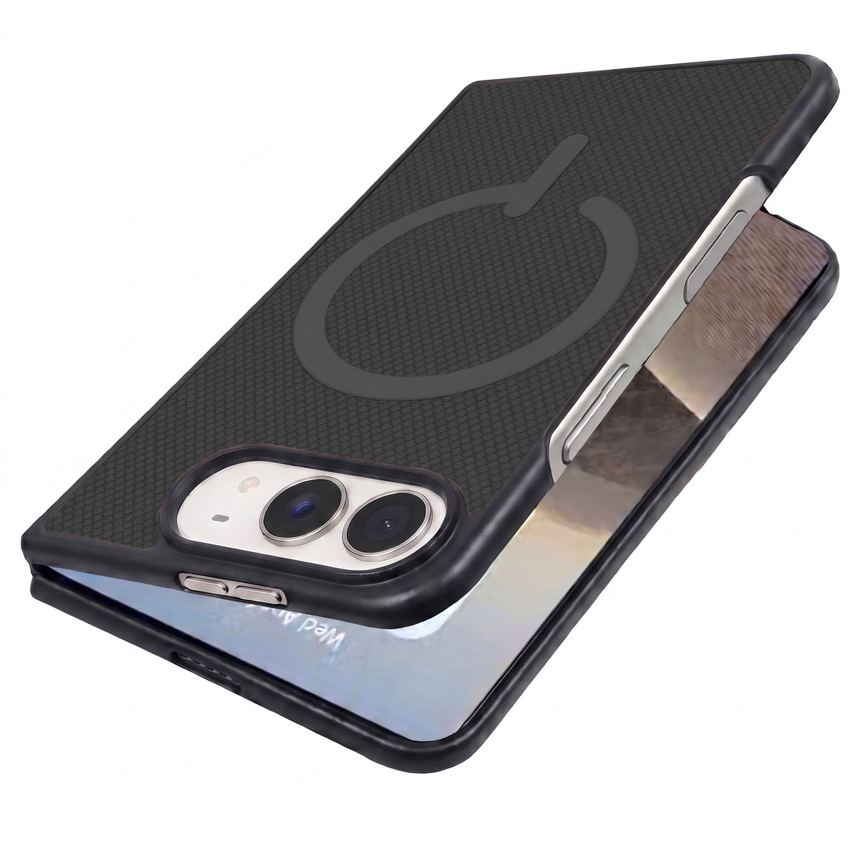 For Apple iPhone Duo Premium Magnetic Back Cover Case (MagSafe Compatible | 180° Folding Design | Soft Microfiber Inner Lining | Textured Blue Finish)