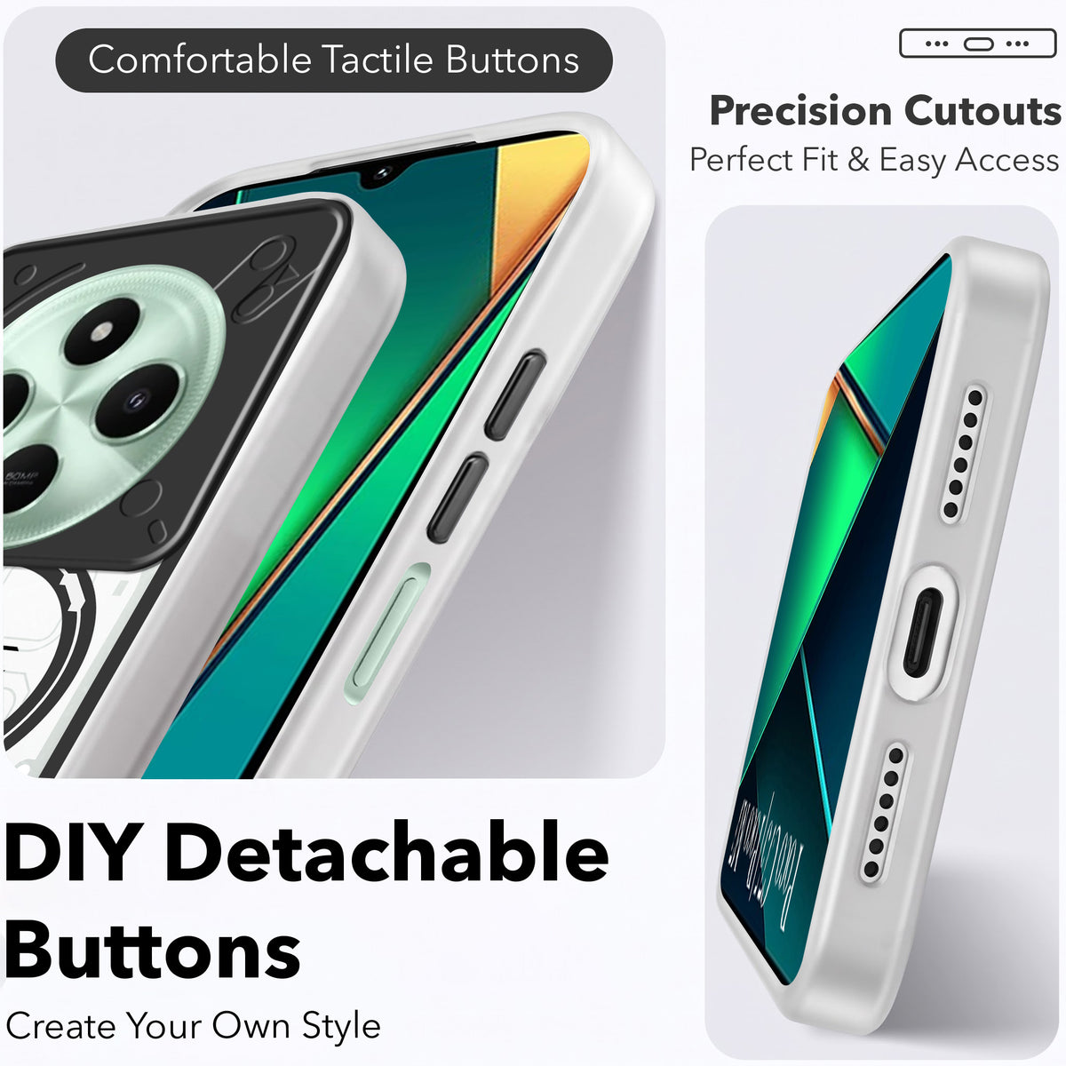 For Poco C75 | Poco M7 Metallic Back Cover Case (Metallic Camera Protection & Buttons | Translucent Milky Shade | Hard Polycarbonate)