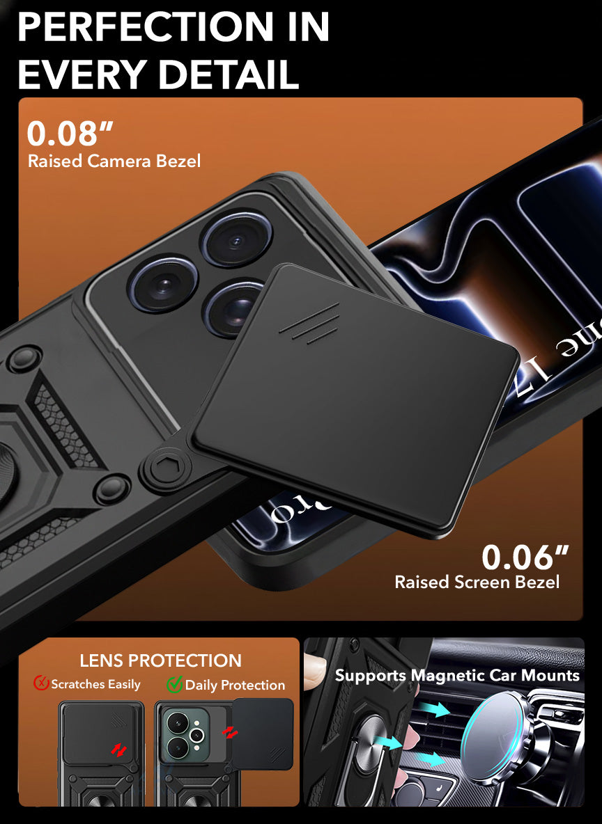 For iPhone 17 Pro | iPhone 18 Pro Back Cover Case Hybrid Armor (Sliding Shutter Camera Protection | Polycarbonate |Ring Holder Kickstand)