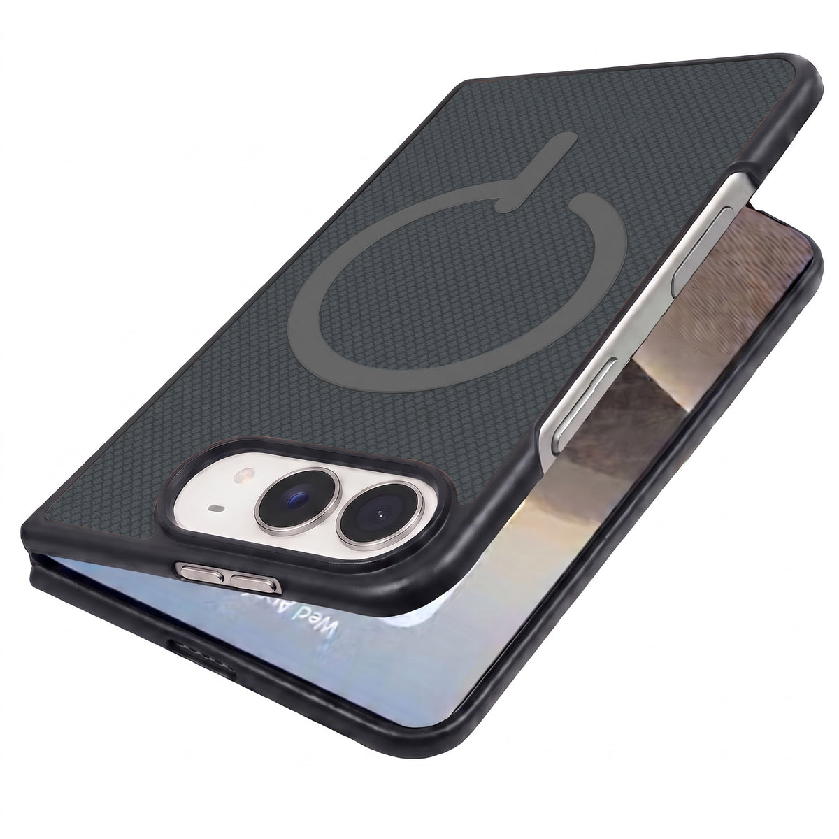For Apple iPhone Duo Premium Magnetic Back Cover Case (MagSafe Compatible | 180° Folding Design | Soft Microfiber Inner Lining | Textured Blue Finish)