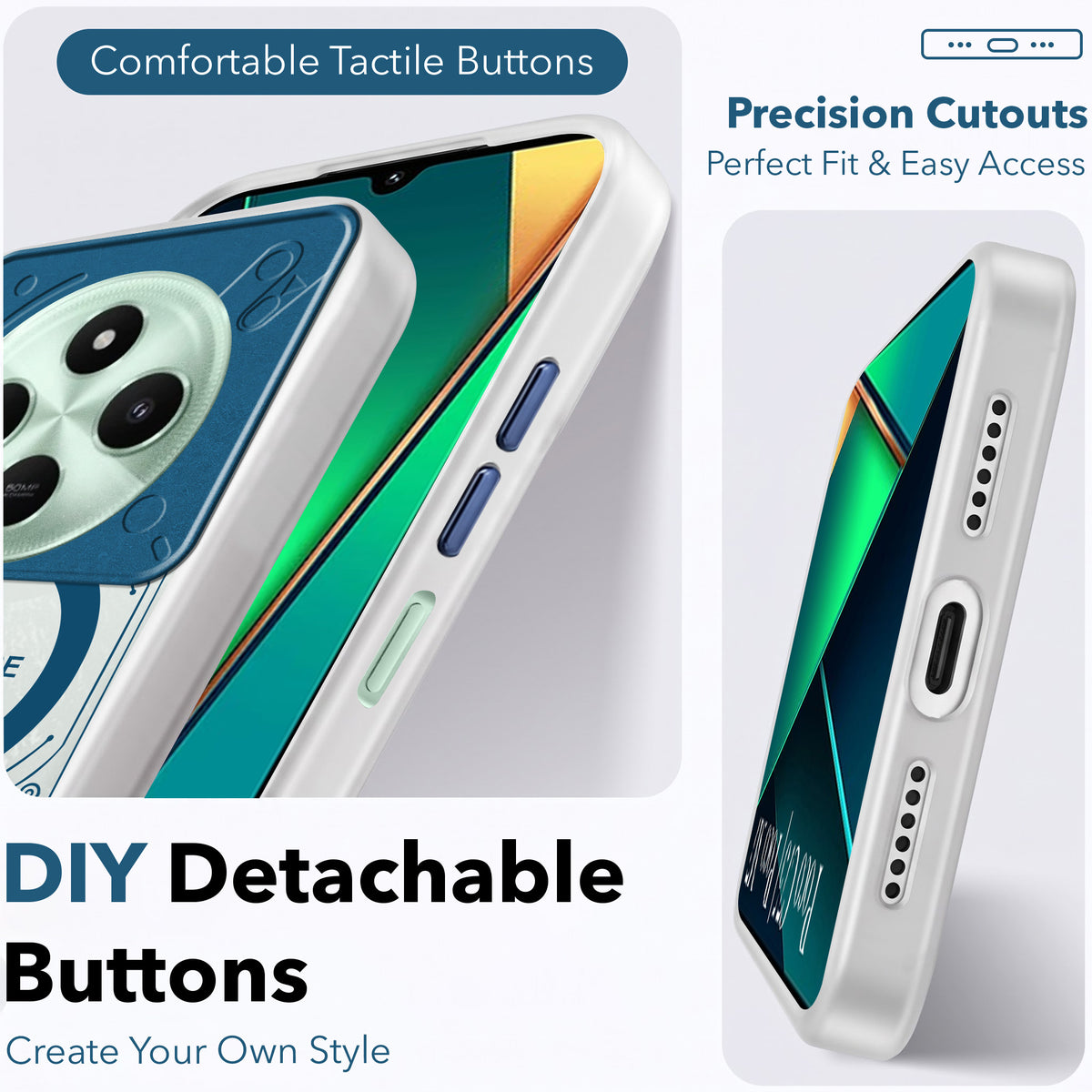 For Poco C75 | Poco M7 Metallic Back Cover Case (Metallic Camera Protection & Buttons | Translucent Milky Shade | Hard Polycarbonate)