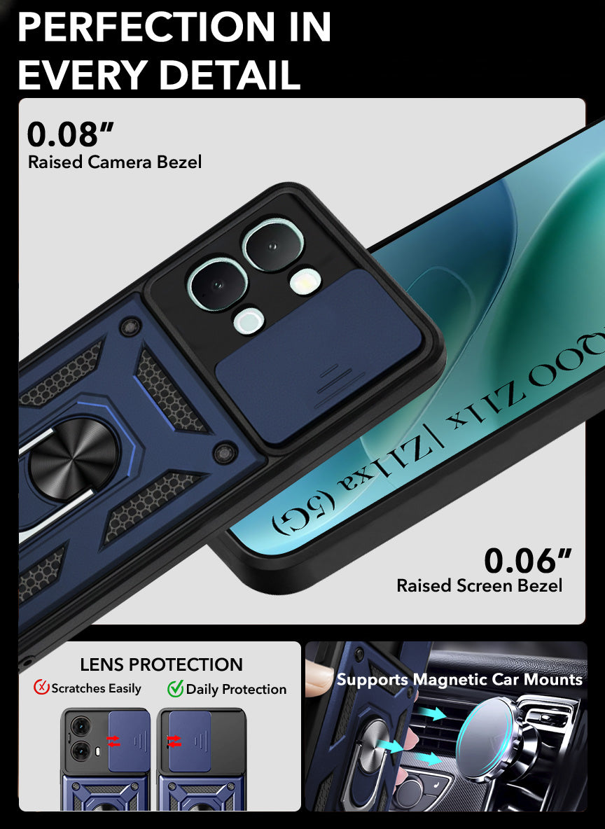 For iQOO Z11x | iQOO Z11xa Back Cover Case Hybrid Armor (Sliding Shutter Camera Protection | Polycarbonate |Ring Holder Kickstand)