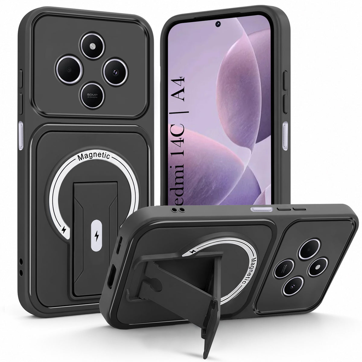 For Redmi A4 5G | Xiaomi Redmi 14C Back Case Cover Metallic (Hybrid Armor Kickstand | MagSafe Compatible | Camera Protection Shockproof)