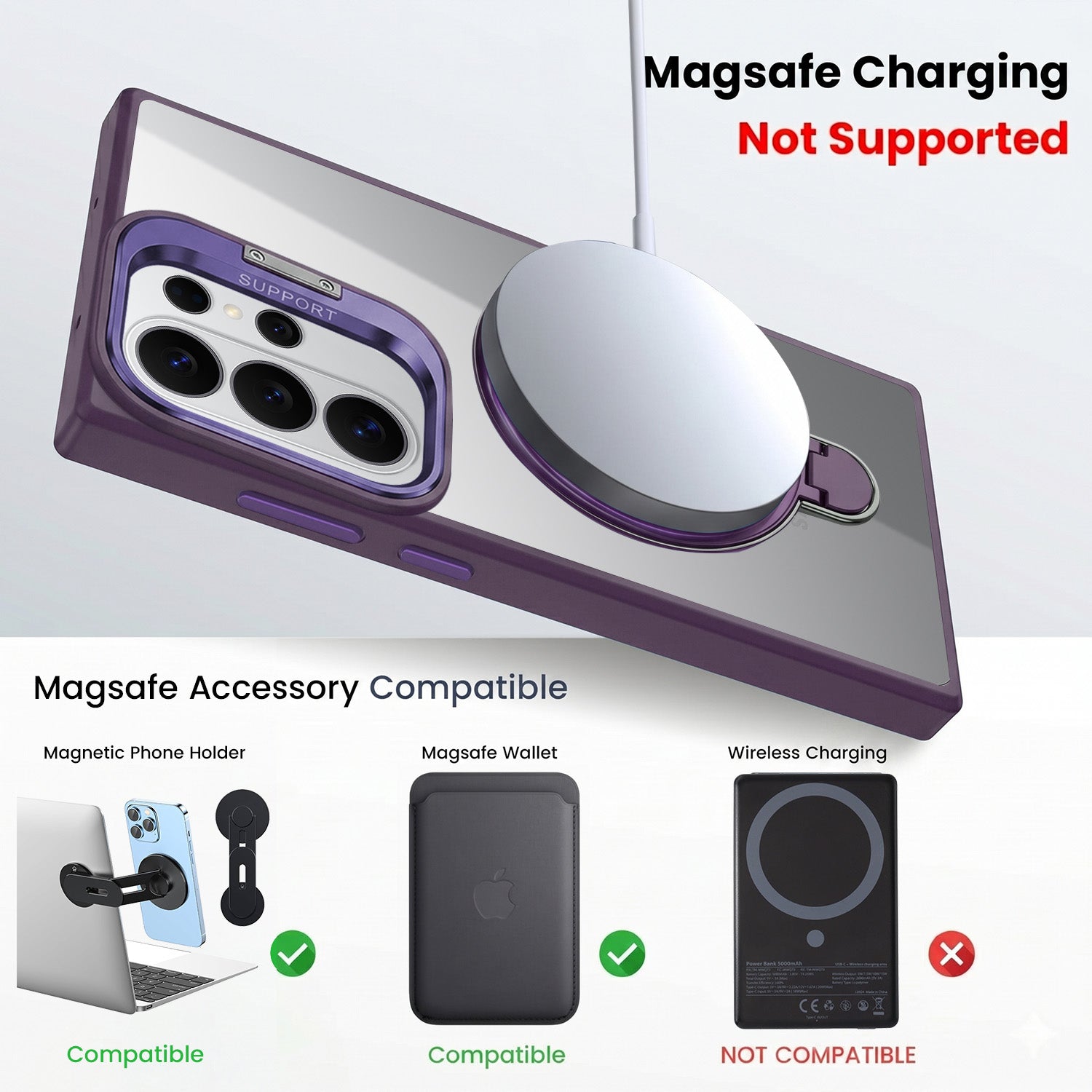 For Samsung Galaxy S26 Ultra Back Cover Case Crystal (Lifetime Anti Yellow | Magnetic Ring Stand | Camera Lens Protection | MagSafe Compatible)