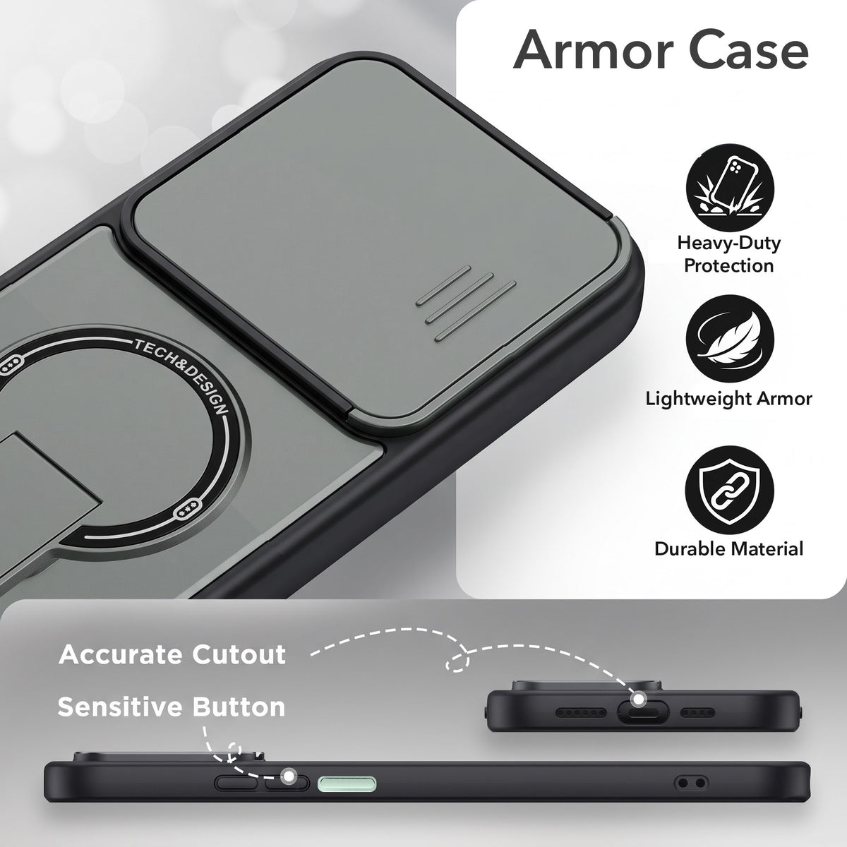 For Redmi 15 Back Case Cover Metallic (Hybrid Armor Kickstand | Sliding Shutter Camera Protection | MagSafe Compatible)