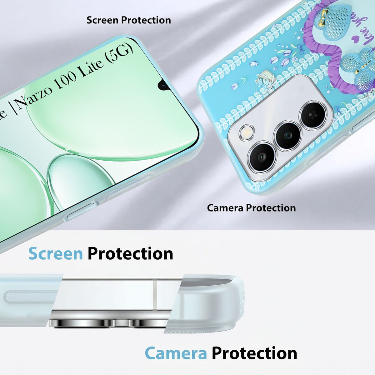 For Realme P4 Lite 5G | Narzo 100 Lite 5G Back Cover Case (3D Cute Heart Strap Holder | Camera Protection | Designer Girls Print)