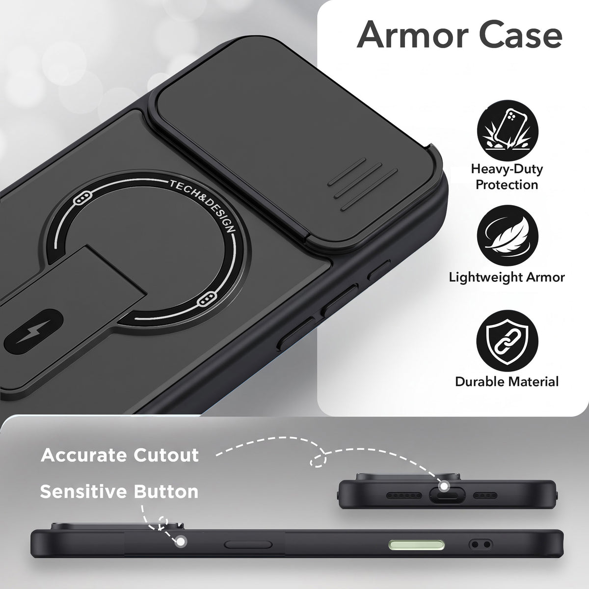 For Apple iPhone 16 Back Case Cover Metallic (Hybrid Armor Kickstand | Sliding Shutter Camera Protection | MagSafe Compatible)