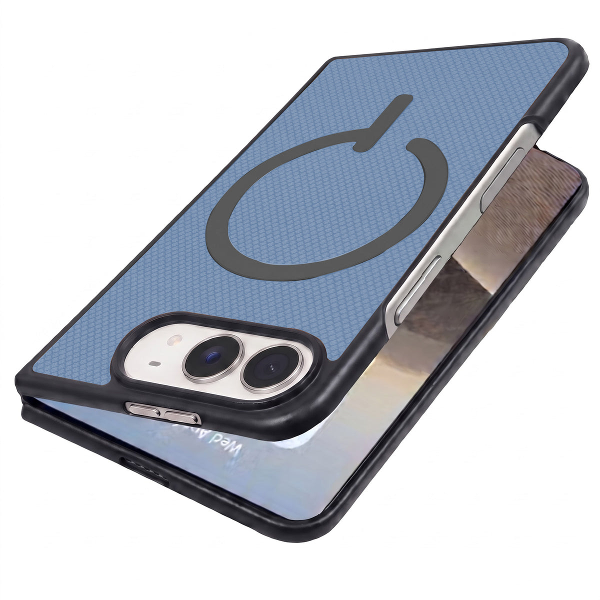 For Apple iPhone Duo Premium Magnetic Back Cover Case (MagSafe Compatible | 180° Folding Design | Soft Microfiber Inner Lining | Textured Blue Finish)