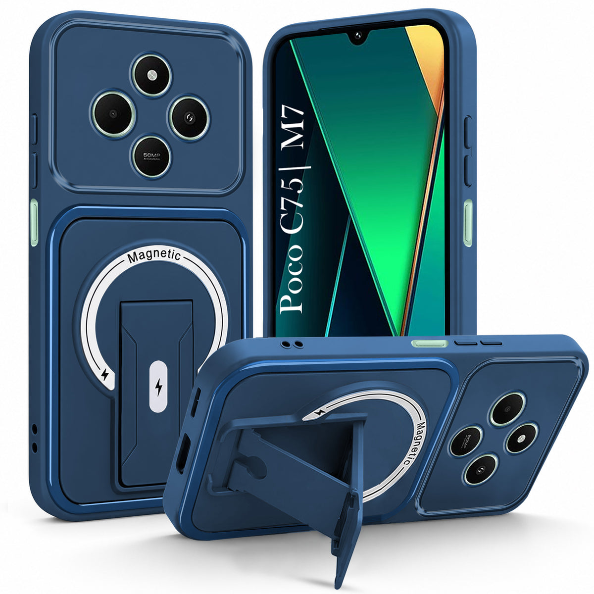 For Poco C75 | Poco M7 Back Case Cover Metallic (Hybrid Armor Kickstand | MagSafe Compatible | Camera Protection Shockproof)