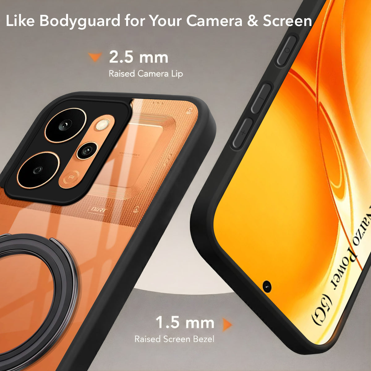 For Realme P4 Power 5G | Realme Narzo Power Back Cover Case (Kick Stand Ring Holder | Life time Anti Yellow | Camera Protection)