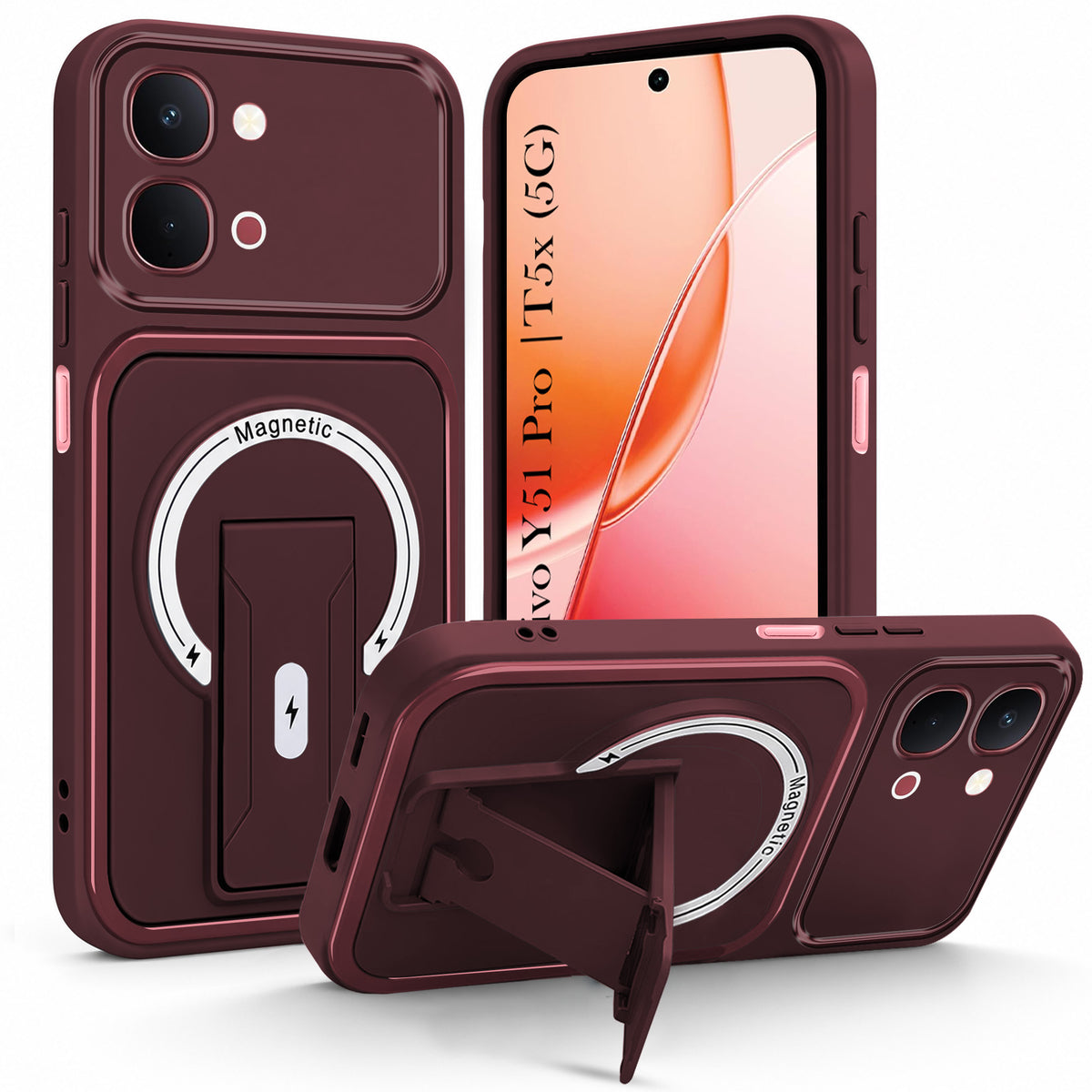 For Vivo Y51 Pro 5G | Vivo T5x Back Case Cover Metallic (Hybrid Armor Kickstand | MagSafe Compatible | Camera Protection Shockproof)