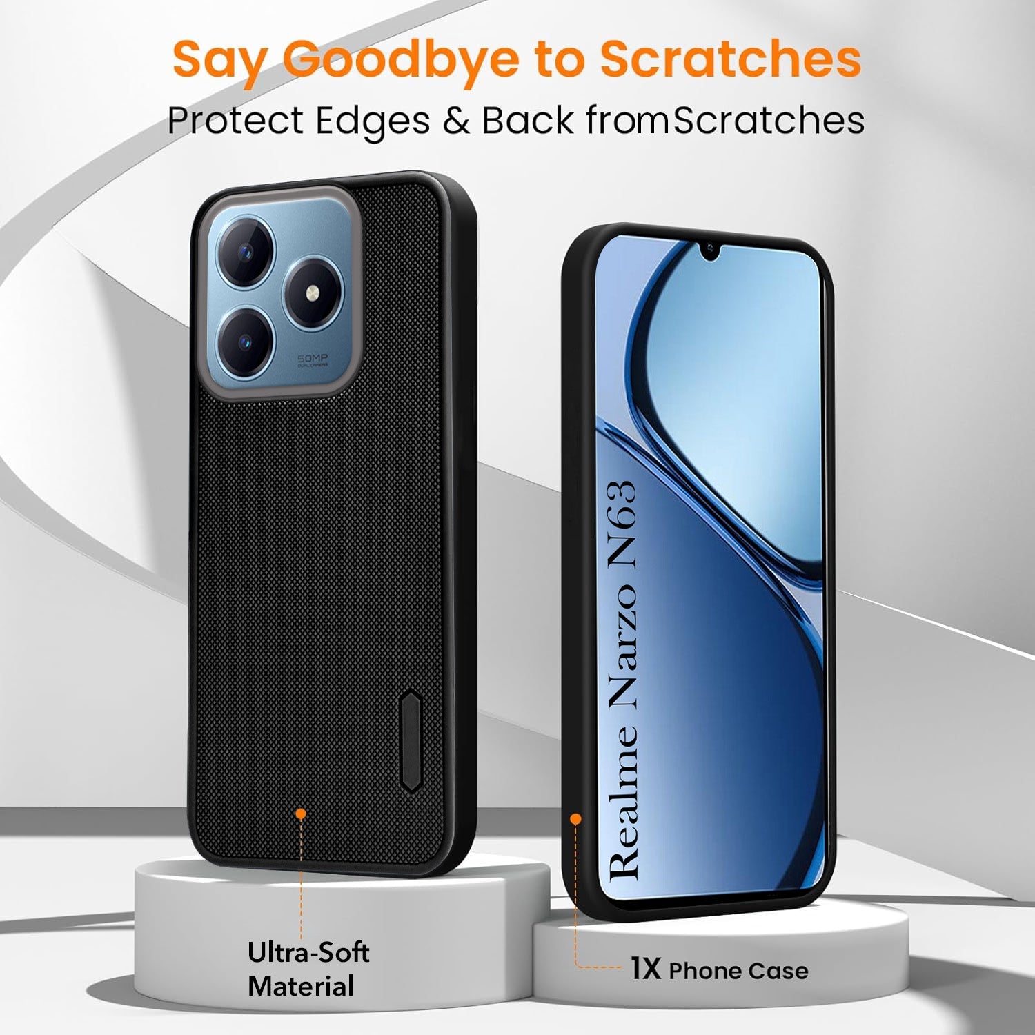 For Realme Narzo N63 Combo with Back Cover and 9H Tempered Glass (Textured Grip Design | Micro-Fiber Cloth Inside | Oleophobic Coating Screen Glass)