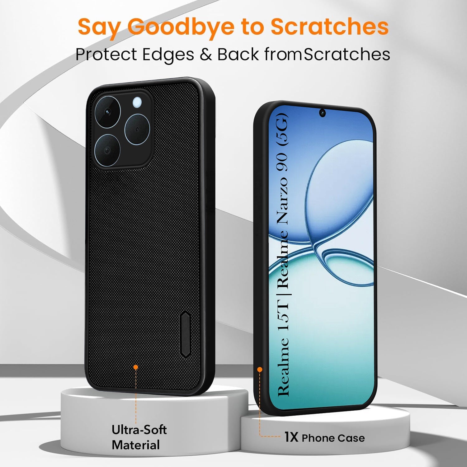 For Realme 15T | Realme Narzo 90 Combo with Back Cover and 9H Tempered Glass (Textured Grip Design | Micro-Fiber Cloth Inside | Oleophobic Coating Screen Glass)
