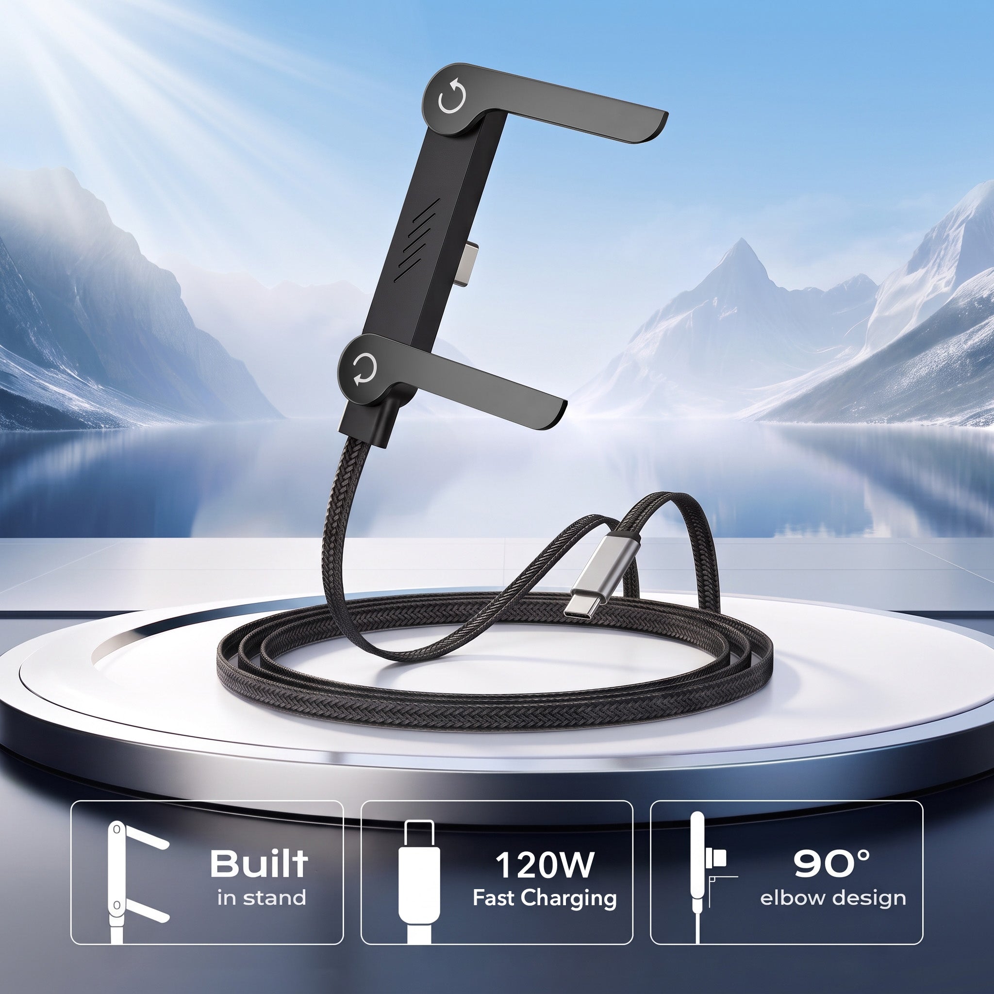 120W 2 in 1 USB-C Fast Charging Cable with Built-in Foldable Phone Stand