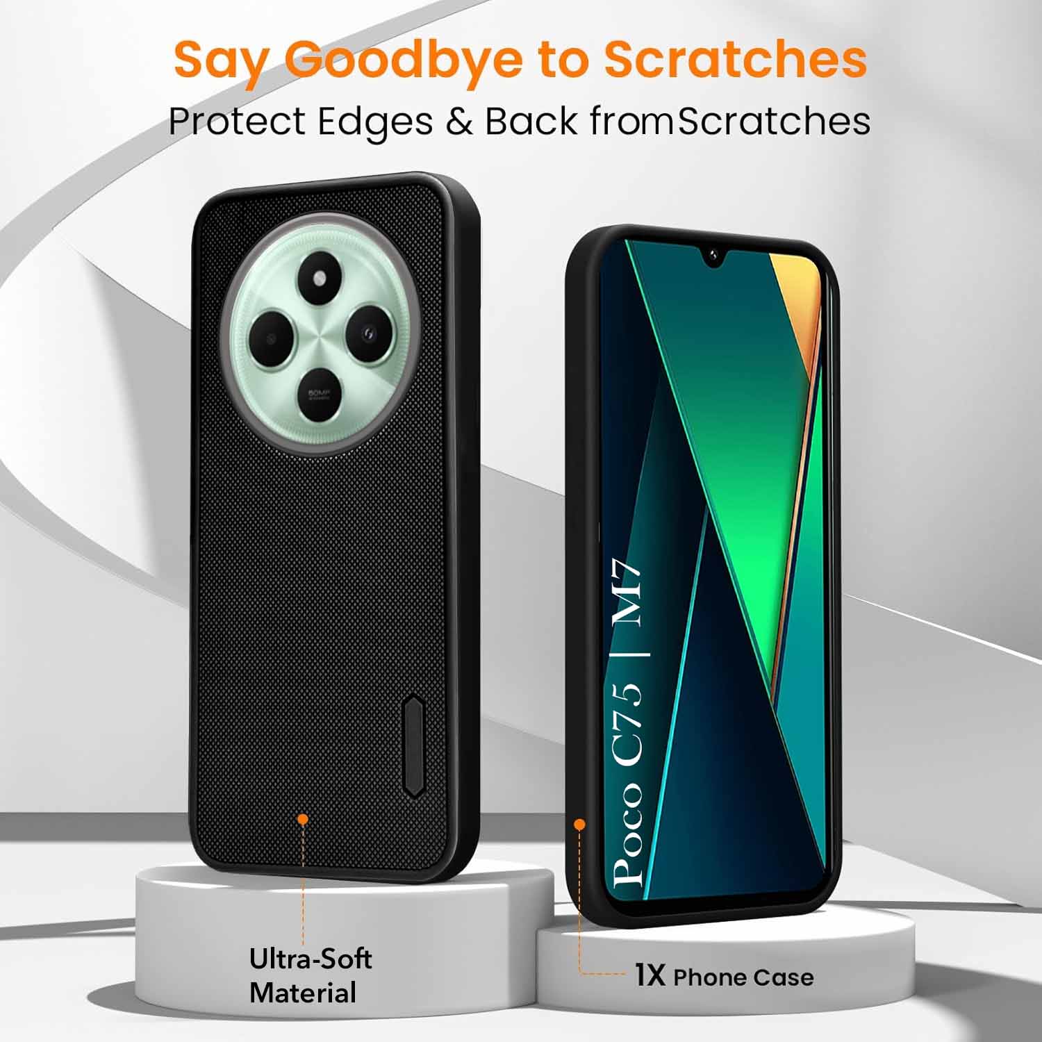 For Poco C75 | Poco M7 Combo with Back Cover and 9H Tempered Glass (Textured Grip Design | Micro-Fiber Cloth Inside | Oleophobic Coating Screen Glass)