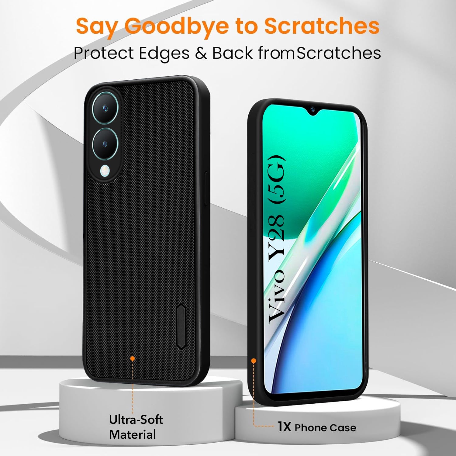 For Vivo Y28 5G Combo with Back Cover and 9H Tempered Glass (Textured Grip Design | Micro-Fiber Cloth Inside | Oleophobic Coating Screen Glass)