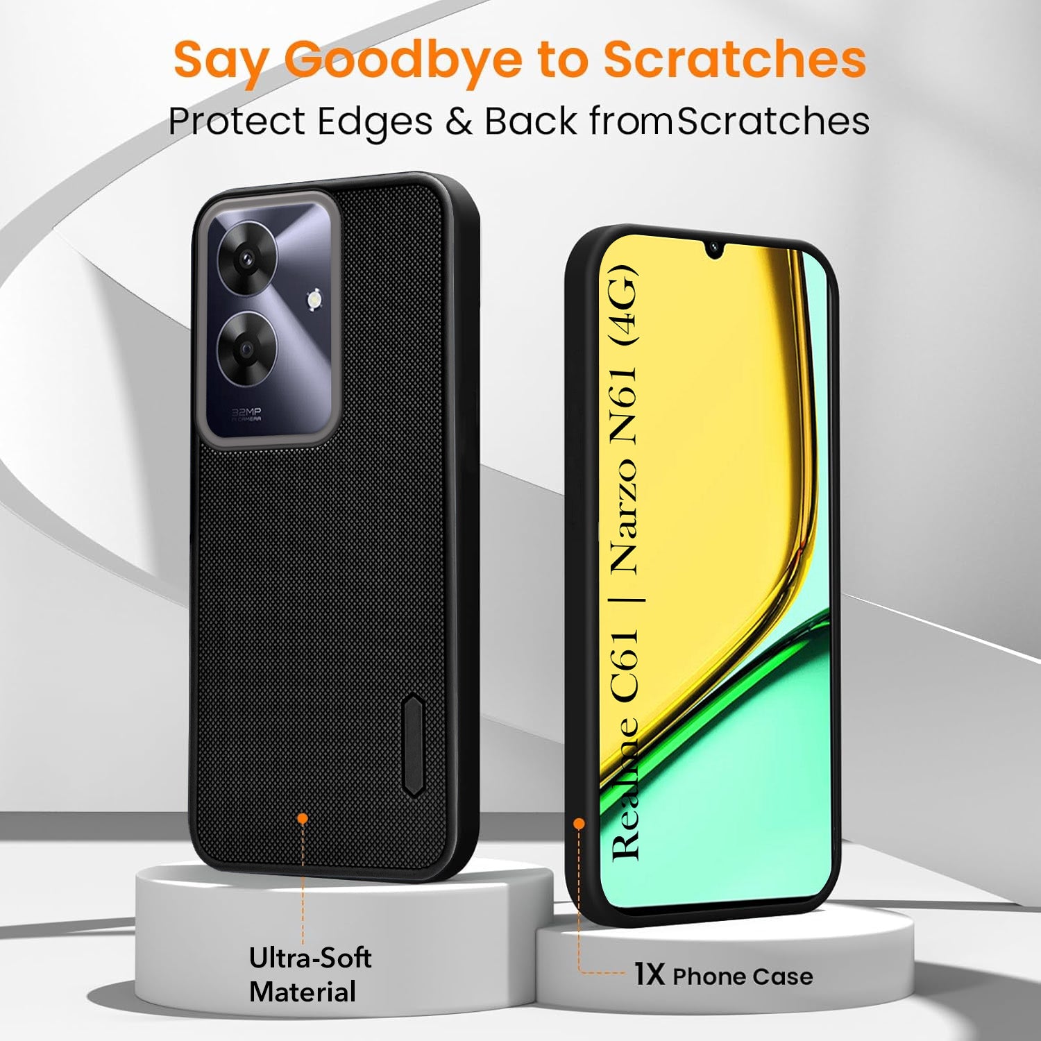 For Realme C61 | Realme Narzo N61 Combo with Back Cover and 9H Tempered Glass (Textured Grip Design | Micro-Fiber Cloth Inside | Oleophobic Coating Screen Glass)