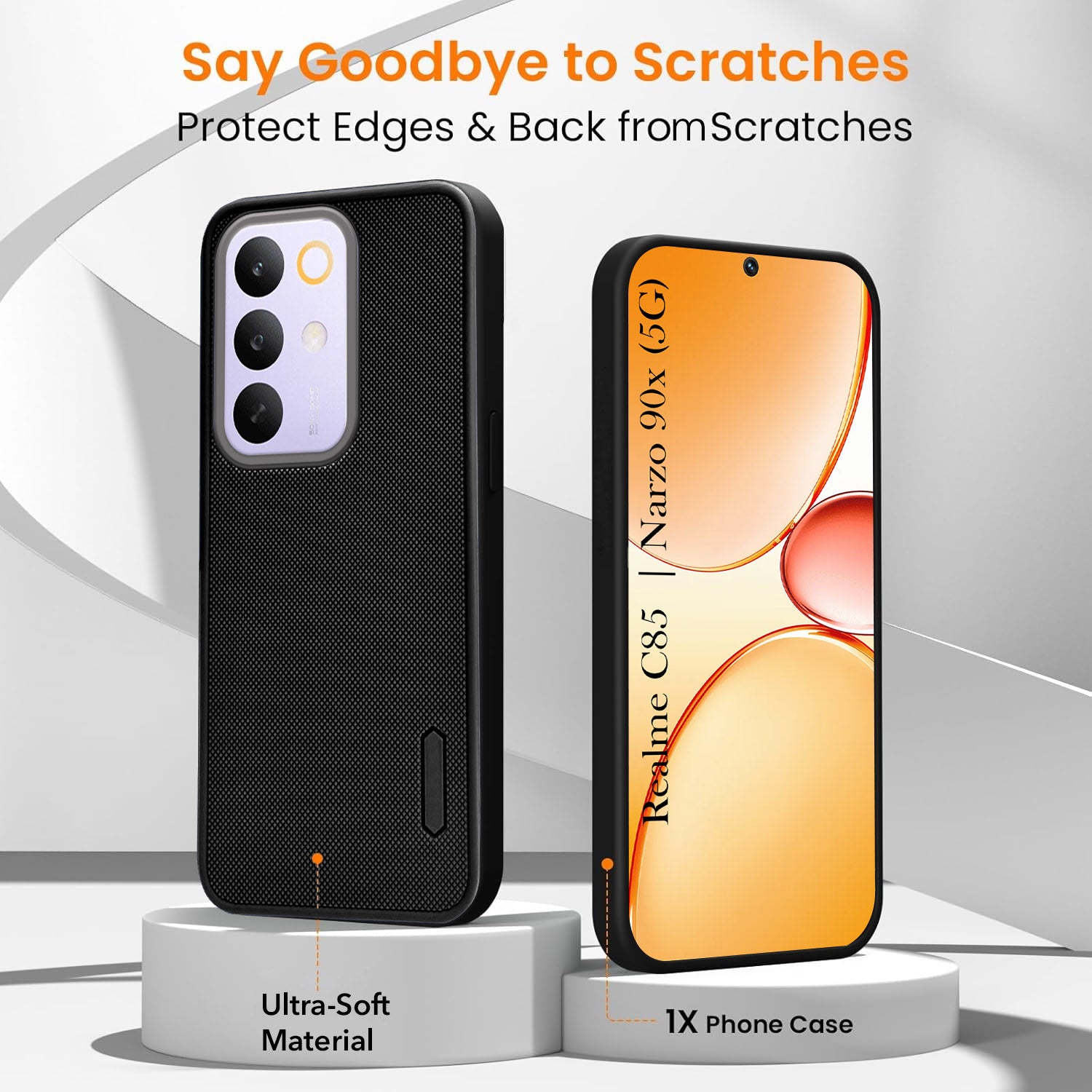 For Realme C85 5G | Realme Narzo 90x Combo with Back Cover and 9H Tempered Glass (Textured Grip Design | Micro-Fiber Cloth Inside | Oleophobic Coating Screen Glass)