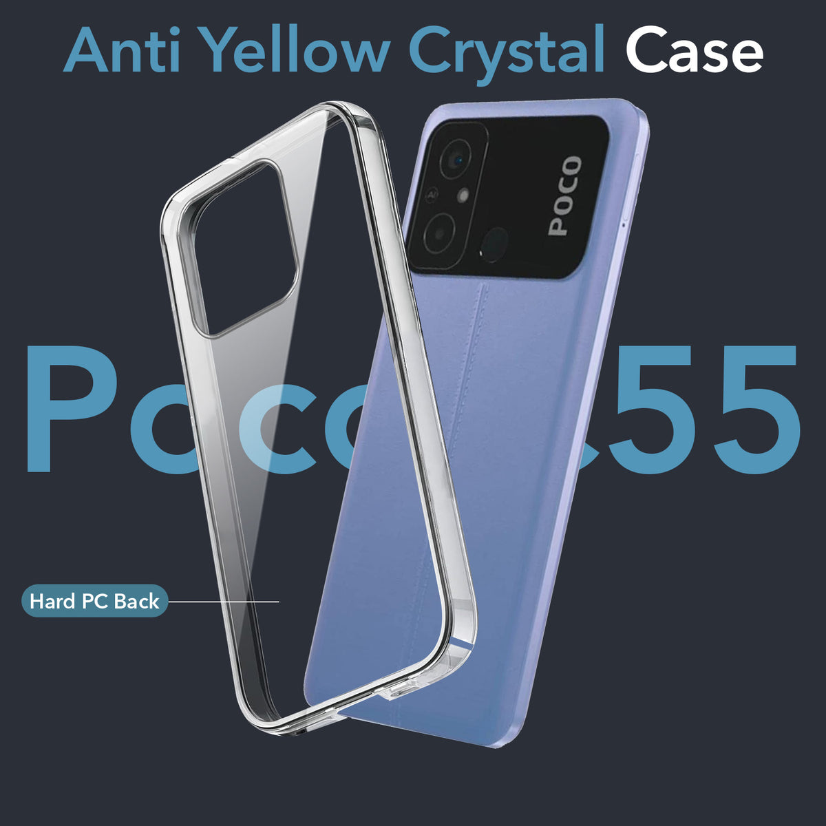 For Poco C55 Back Cover Case Lifetime Anti-Yellow Clear (Sleek Hard Crystal | Shockproof and Camera Protection)