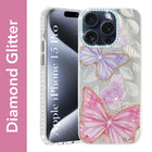 For Apple iPhone 15 Pro Back Cover Case (Luxury Floral Glitter Cute Butterfly | Diamond Studded Camera Bump | Girls & Women Design)