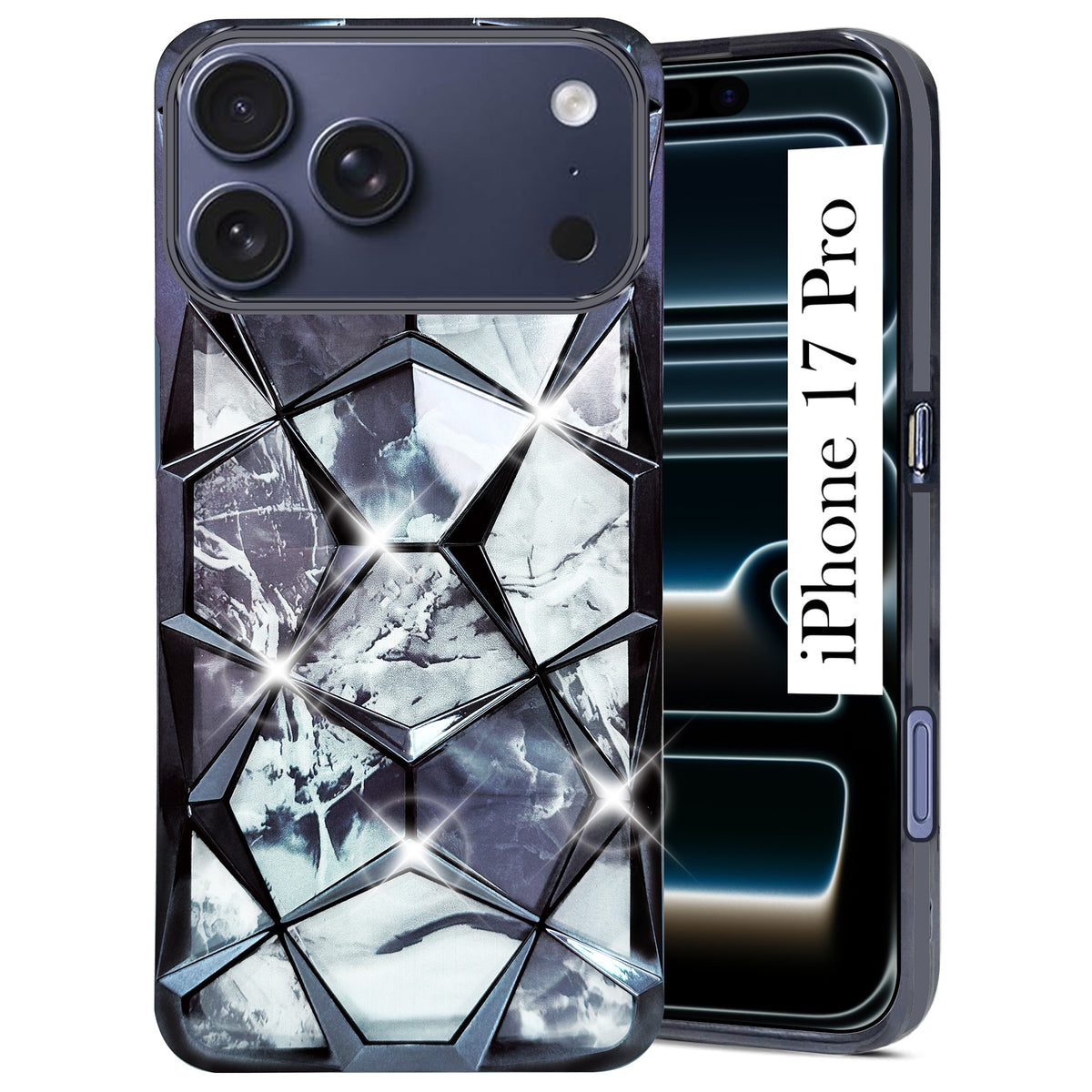 For iPhone 17 Pro | iPhone 18 Pro Back Cover Case 3D Silicone Compatible (Dual Design Glitter Sparkle and Detachable Diamond Print Case | Soft and Flexible)