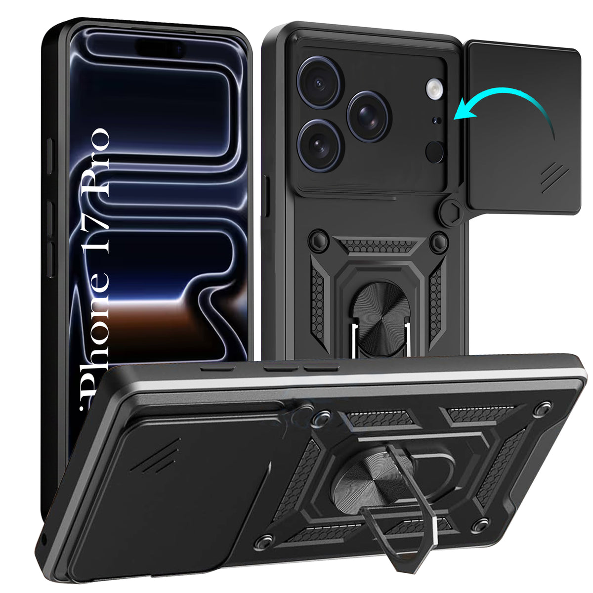 For iPhone 17 Pro | iPhone 18 Pro Back Cover Case Hybrid Armor (Sliding Shutter Camera Protection | Polycarbonate |Ring Holder Kickstand)