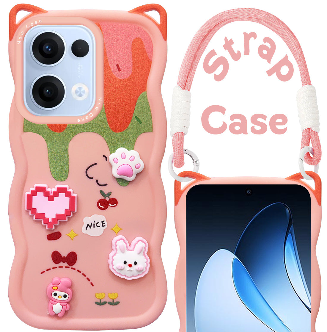 For Oppo Reno13 5G | Oppo Reno 13 5G Back Case Cover Strap (3D embossed Figures | Strap Holder | 360* Soft Cushion with Camera Bump)