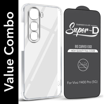 For Vivo Y400 Pro Combo with Back Cover and 9H Tempered Glass (Lifetime Anti-Yellow | Sleek Hard Crystal | Oleophobic Coating Screen Glass)