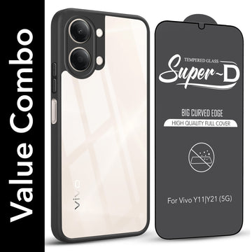 For Vivo Y11 | Vivo Y21 5G Combo with Back Cover and 9H Tempered Glass (Lifetime Anti-Yellow | Crystal Clear Shockproof | Oleophobic Coating Screen Glass)