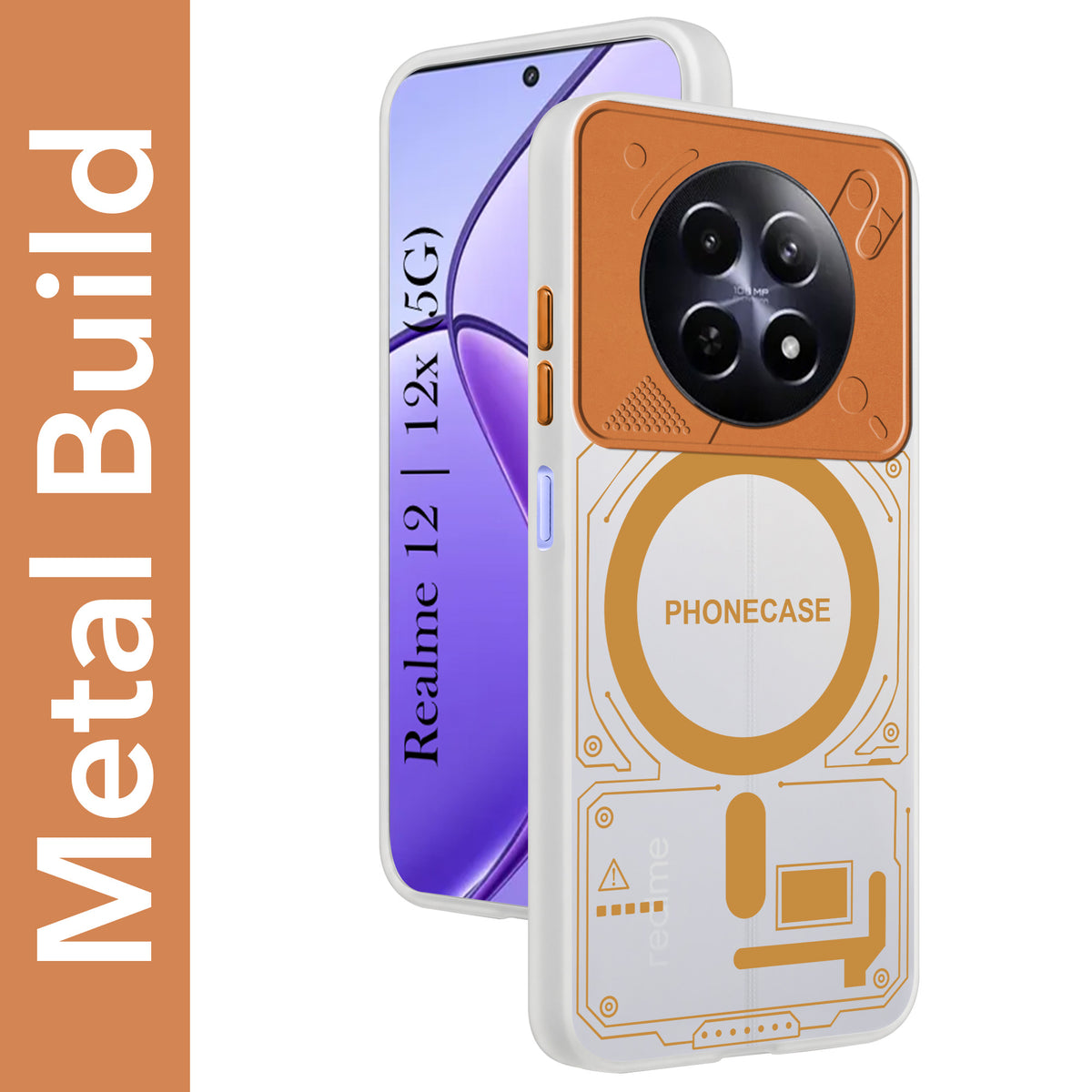For Realme 12 | Realme 12X Metallic Back Cover Case (Metallic Camera Protection & Buttons | Translucent Milky Shade | Hard Polycarbonate)