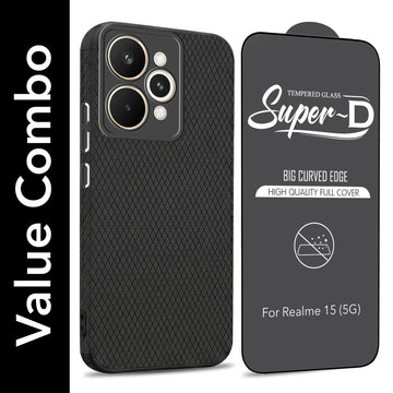 For Realme 15 Combo with Back Cover and 9H Tempered Glass (Liquid Silicone | Camera Protection | Oleophobic Coating Screen Glass)