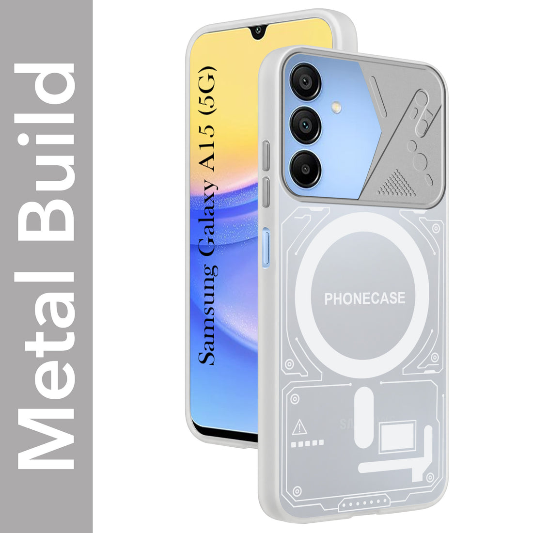 For Samsung Galaxy A15 5G Metallic Back Cover Case (Metallic Camera Protection & Buttons | Translucent Milky Shade | Hard Polycarbonate)