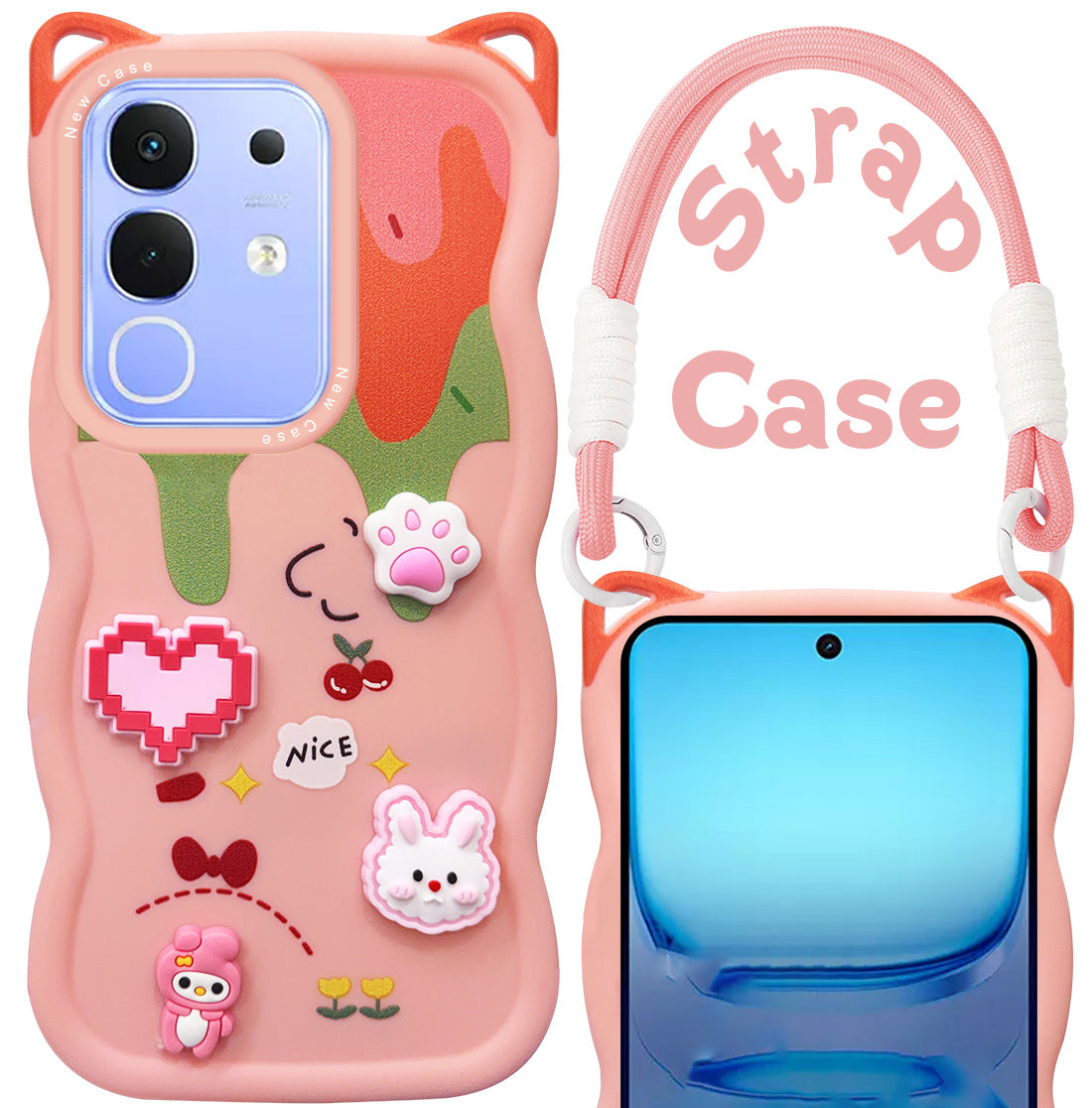 For Vivo iQOO Z10x Back Case Cover Strap (3D embossed Figures | Strap Holder | 360* Soft Cushion with Camera Bump)