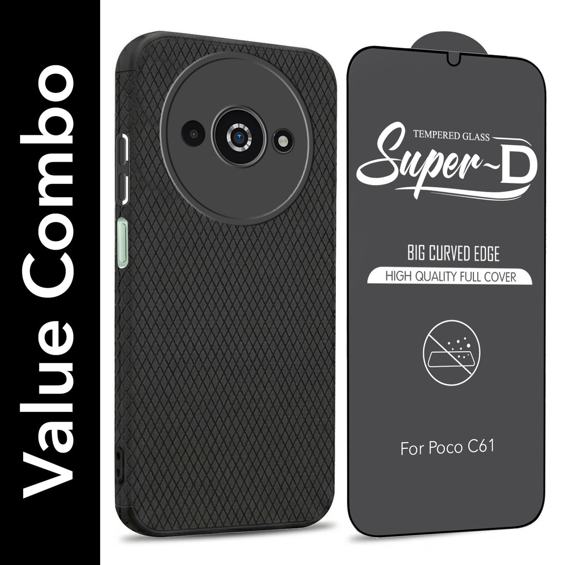For Xiaomi Poco C61 Combo with Back Cover and 9H Tempered Glass (Liquid Silicone | Camera Protection | Oleophobic Coating Screen Glass)