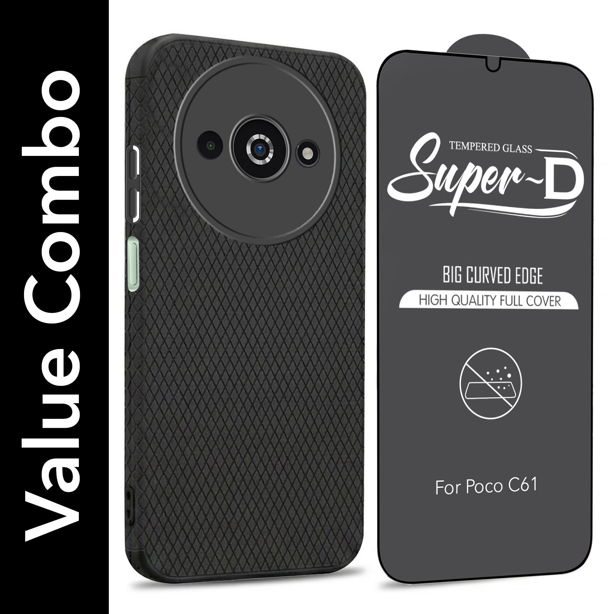 For Xiaomi Poco C61 Combo with Back Cover and 9H Tempered Glass (Liquid Silicone | Camera Protection | Oleophobic Coating Screen Glass)