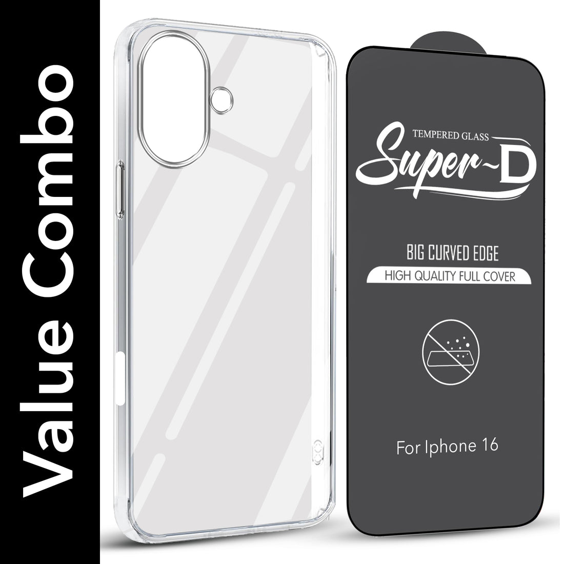 For Apple iPhone 16 Combo with Back Cover and 9H Tempered Glass (Lifetime Anti-Yellow | Sleek Hard Crystal | Oleophobic Coating Screen Glass)
